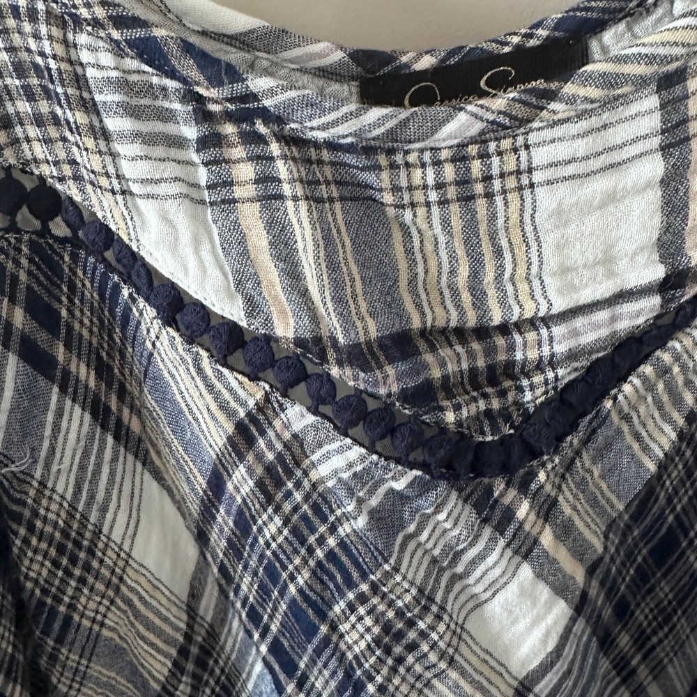 Plaid Cold Shoulder Top - Blue and White - Picture 3 of 4